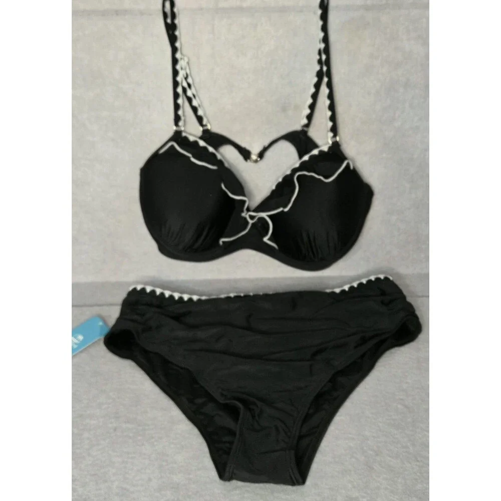 CUPSHE Black/White Ruffle Sz L Bikini  2 Pc Set Womens Underwire Swimwear NWT